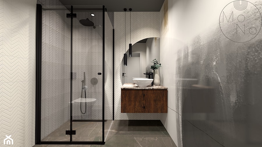 Łazienka-wzór jodełki, tapeta za szkłem - zdjęcie od MoNo Projekty Wnętrz