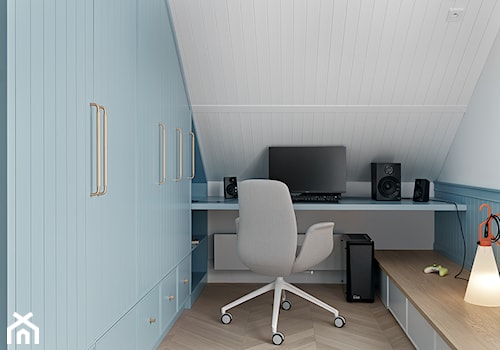 Apartament w Gdańsku - Małe w osobnym pomieszczeniu z zabudowanym biurkiem białe niebieskie biuro, styl nowoczesny - zdjęcie od FABRYKA WNĘTRZ Lucyna Stanek
