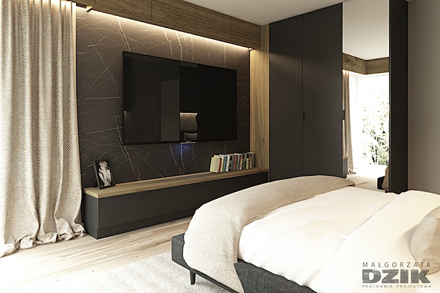 Sypialnia w ciepłych odcieniach z mocniejszym akcentem - zdjęcie od Małgorzata Dzik - pracownia projektowa wnętrz
