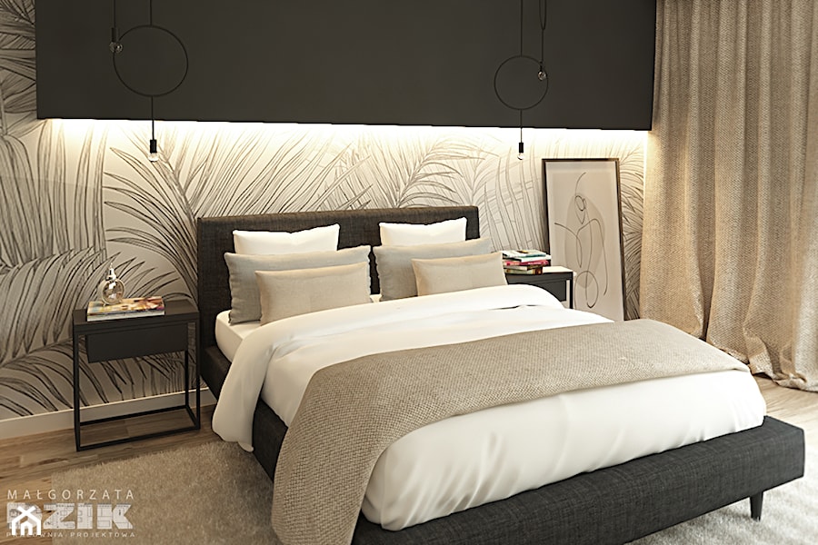 Sypialnia w ciepłych odcieniach z mocniejszym akcentem - zdjęcie od Małgorzata Dzik - pracownia projektowa wnętrz