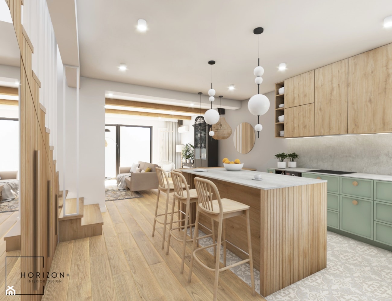 Dom 150 m2, Kobyłka - Średnia z turkusowymi frontami z kamiennym blatem biała kuchnia dwurzędowa z wyspą lub półwyspem, styl nowoczesny - zdjęcie od HORIZON+ - Homebook