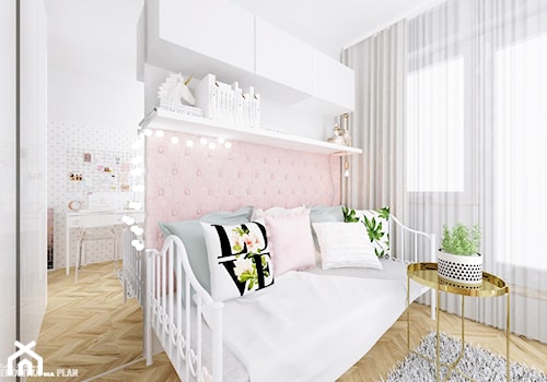 POKÓJ DZIECKA - dziewczynki / nastolatki - Mały różowy szary pokój dziecka dla nastolatka dla dziewczynki, styl nowoczesny - zdjęcie od Projektantka ma PLAN