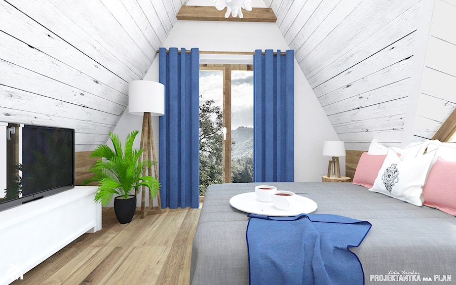 APARTAMENT NR 7 w Zakopanem - na wynajem - Średnia biała sypialnia na poddaszu z balkonem / tarasem, styl skandynawski - zdjęcie od Projektantka ma PLAN