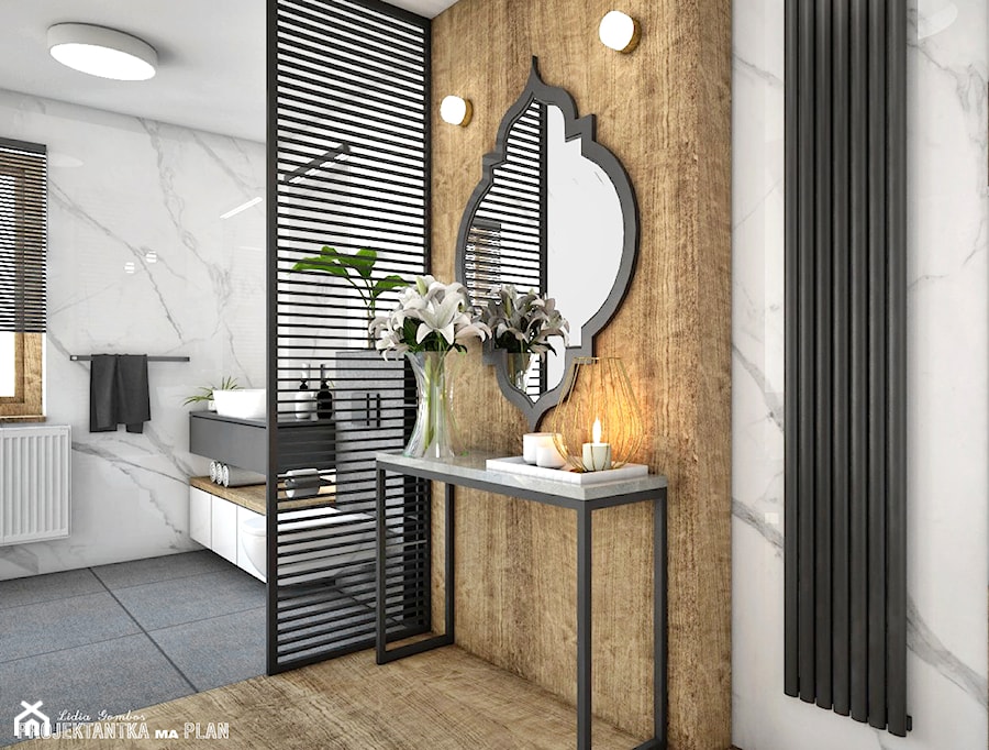 ŁAZIENKA / SPA DOMOWE w domu jednorodzinnym - Średnia z lustrem łazienka z oknem, styl glamour - zdjęcie od Projektantka ma PLAN