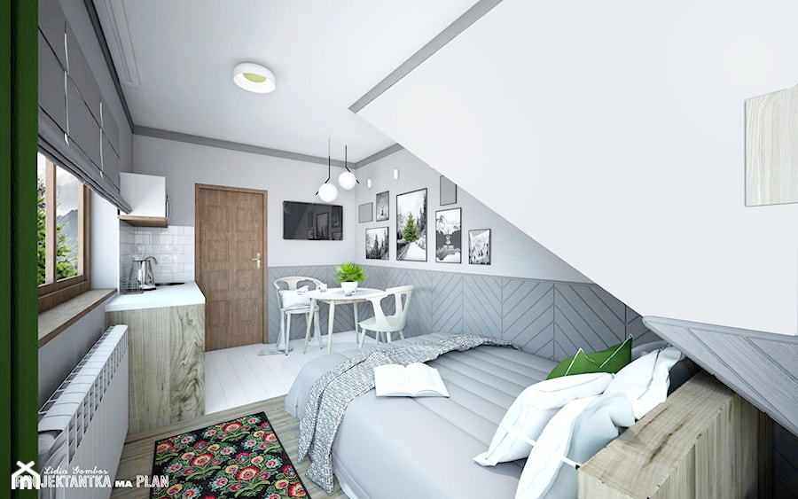 APARTAMENT GREY - ZAKOPANE na wynajem krótkoterminowy - Średnia biała szara sypialnia na poddaszu, styl skandynawski - zdjęcie od Projektantka ma PLAN