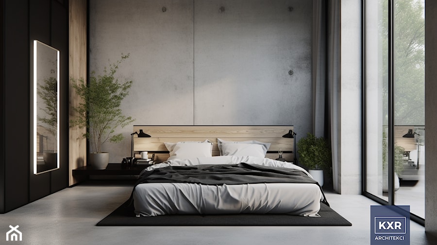 Nowoczesna, minimalistyczna sypialnia - beton i czerń - zdjęcie od KXR Architekci | Architekt & Architekt wnętrz Rzeszów