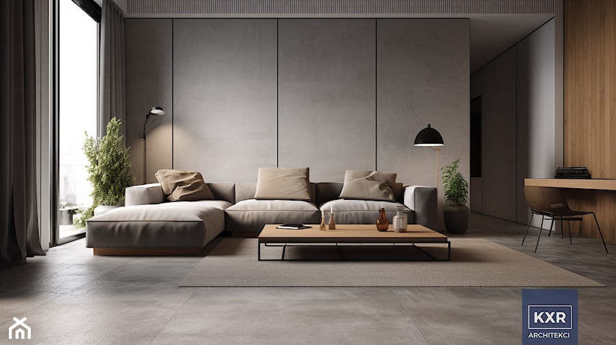 Salon w stylu minimalistycznym/ skandynawskim, beton, drewno i biel. - zdjęcie od KXR Architekci | Architekt & Architekt wnętrz Rzeszów