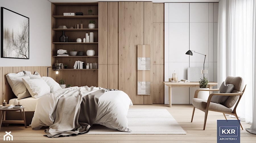 Sypialnia w stylu skandynawskim, drewno i biel. - zdjęcie od KXR Architekci | Architekt & Architekt wnętrz Rzeszów