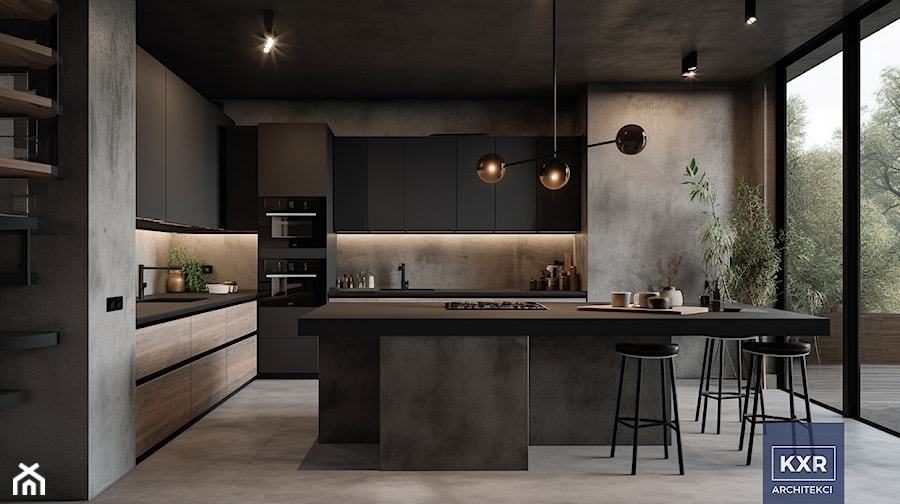 Nowoczesna, minimalistyczna kuchnia łazienka czerń i beton. - zdjęcie od KXR Architekci | Architekt & Architekt wnętrz Rzeszów