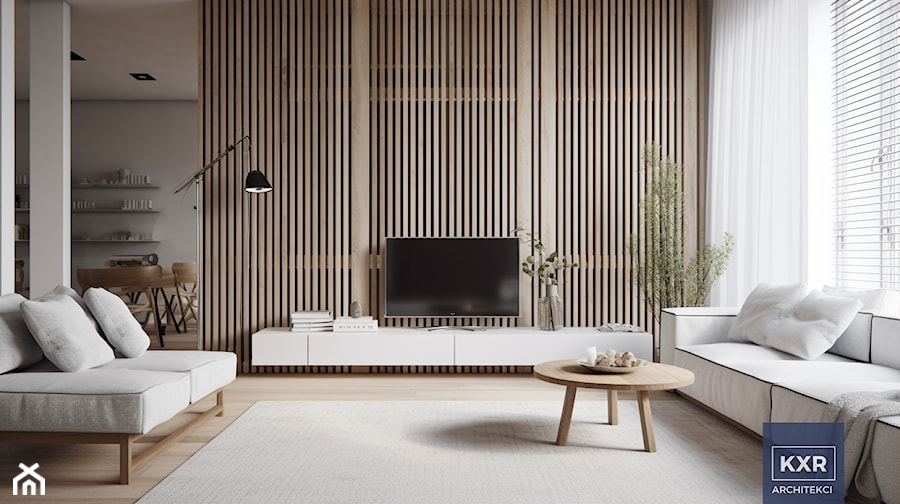 Nowoczesny, minimalistyczny, skandynawski salon z lamelami. - zdjęcie od KXR Architekci | Architekt & Architekt wnętrz Rzeszów