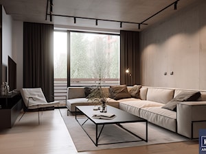 Nowoczesny, minimalistyczny salon beton, beż i czerń - zdjęcie od KXR Architekci | Architekt & Architekt wnętrz Rzeszów