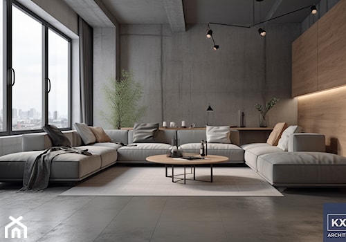 Minimalistyczny salon beton, drewno, czerń. - zdjęcie od KXR Architekci | Architekt & Architekt wnętrz Rzeszów