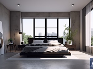 Minimalistyczna, loftowa sypialnia beton, drewno, czerń. - zdjęcie od KXR Architekci | Architekt & Architekt wnętrz Rzeszów