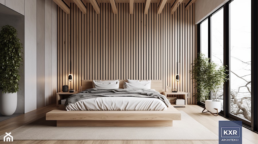 Nowoczesna, minimalistyczna sypialnia w stylu skandynawskim. - zdjęcie od KXR Architekci | Architekt & Architekt wnętrz Rzeszów