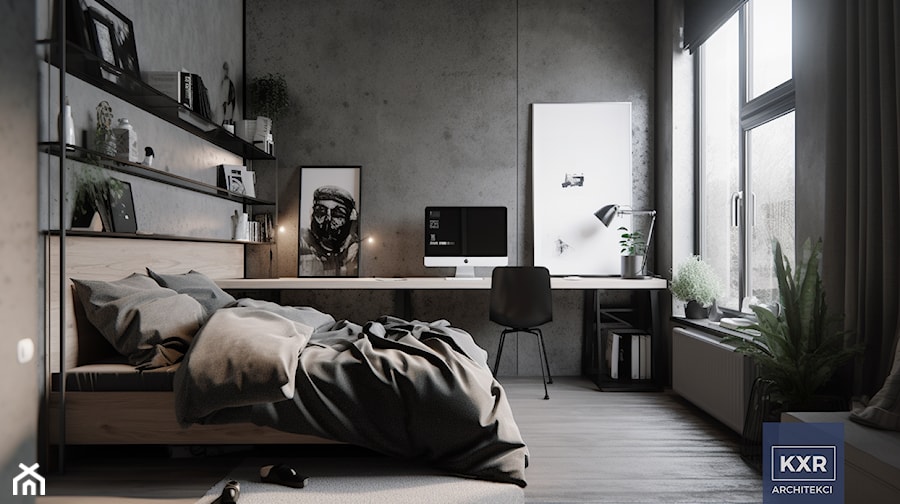 Nowoczesny, minimalistyczny pokój dla nastolatka - beton i czerń - zdjęcie od KXR Architekci | Architekt & Architekt wnętrz Rzeszów