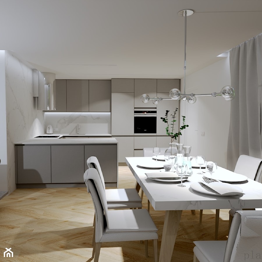 kuchnia w jasnej szarości - Jadalnia, styl nowoczesny - zdjęcie od Plan Design projektowanie wnętrz online