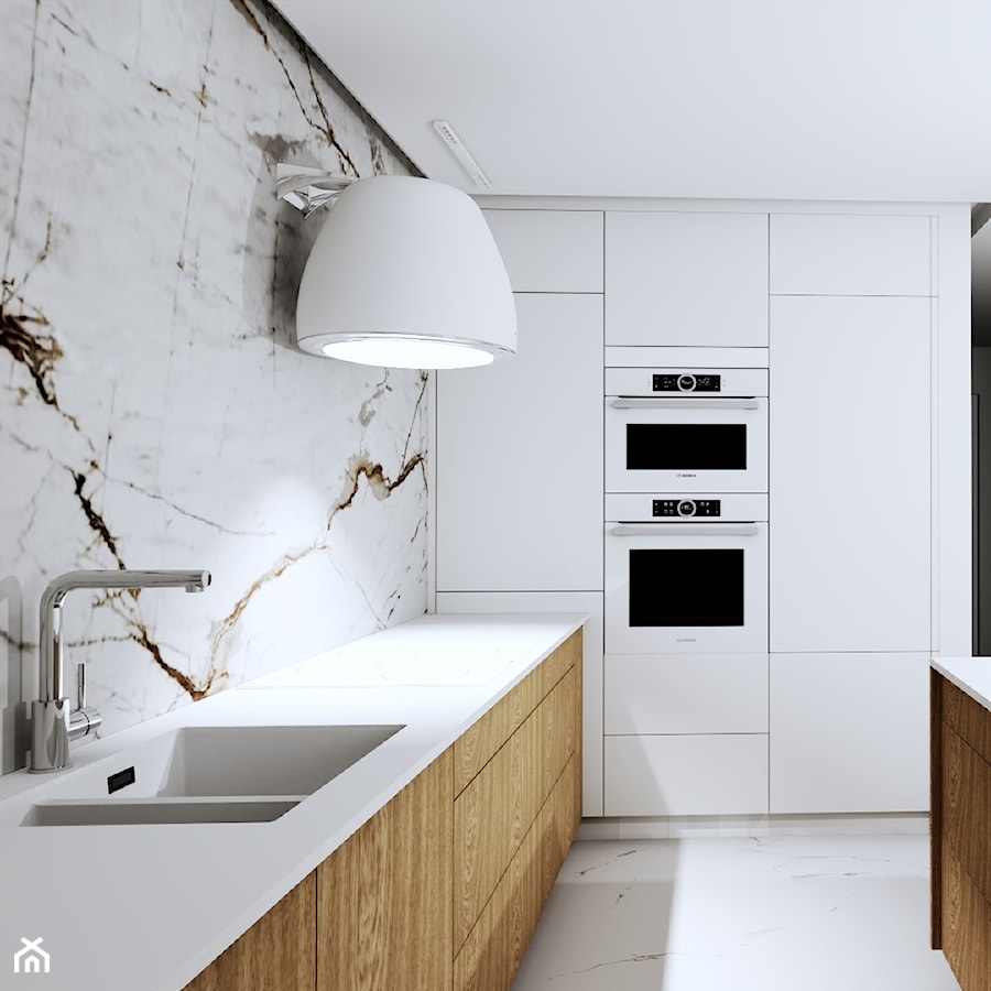 kuchnia biel z drewnem - Kuchnia, styl nowoczesny - zdjęcie od Plan Design projektowanie wnętrz online