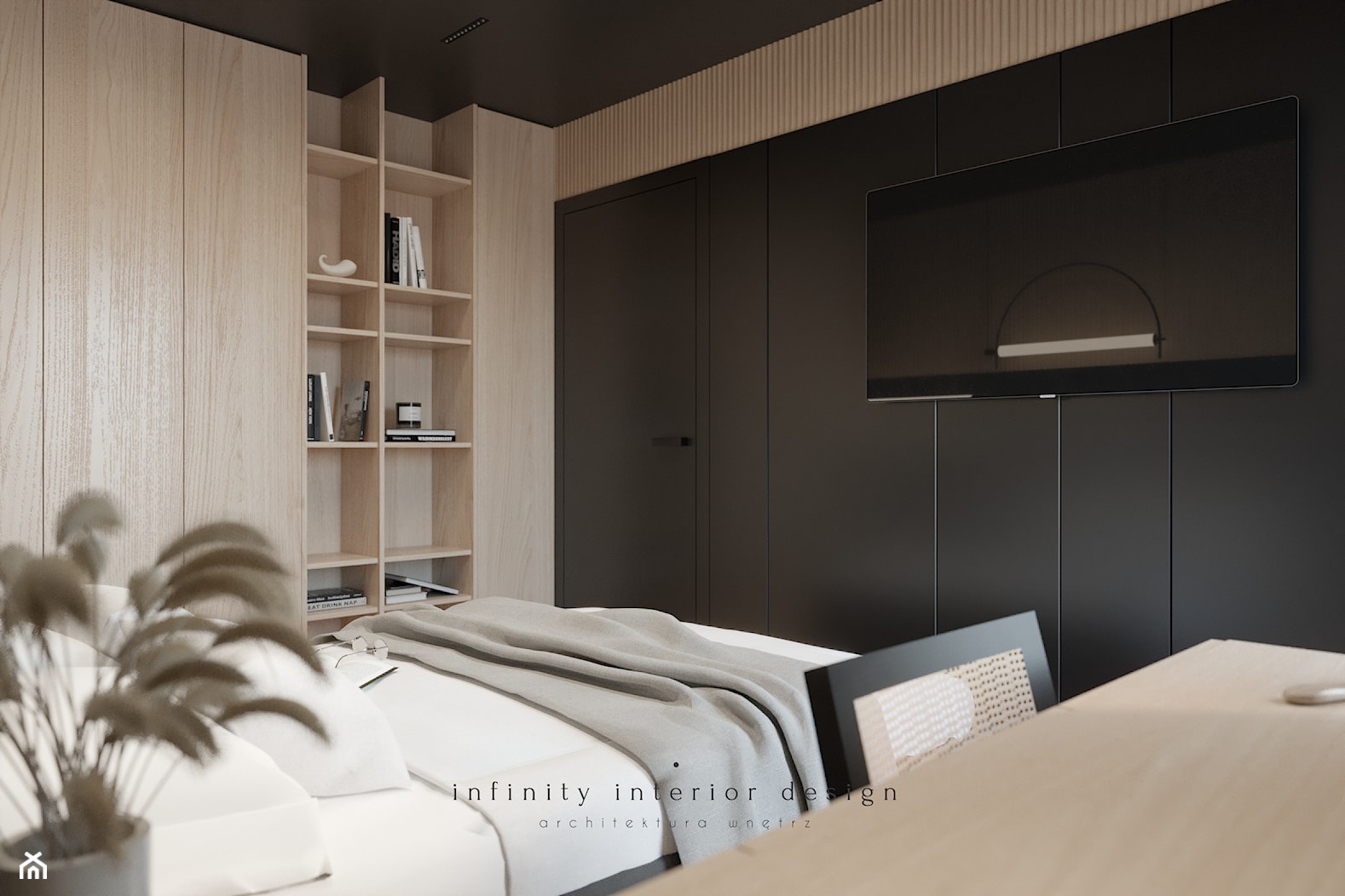 Ciemna sypialnia z szafą i toaletką - zdjęcie od Infinity Interior Design - Homebook