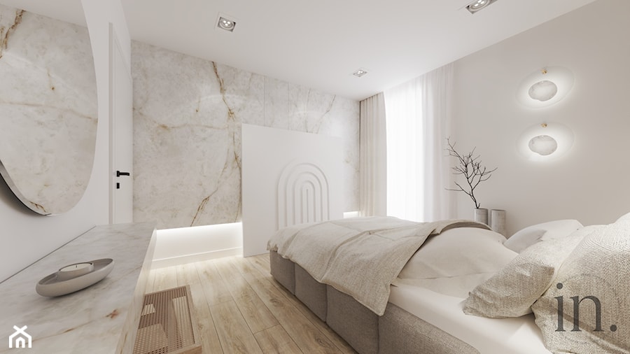 Mała sypialnia jasna z toaletką japandi - zdjęcie od Infinity Interior Design