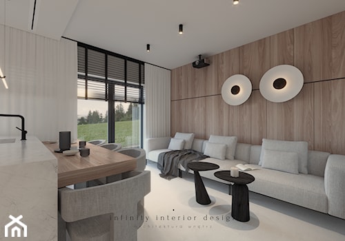 Salon z kuchnią z wyspą, nowoczesny, minimalistyczny - zdjęcie od Infinity Interior Design