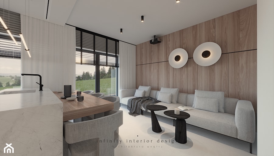 Salon z kuchnią z wyspą, nowoczesny, minimalistyczny - zdjęcie od Infinity Interior Design