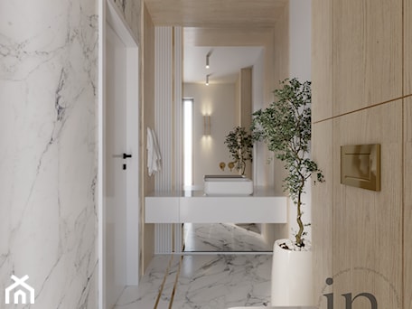Aranżacje wnętrz - Łazienka: Mała toaleta biel, drewno, marmur - Infinity Interior Design. Przeglądaj, dodawaj i zapisuj najlepsze zdjęcia, pomysły i inspiracje designerskie. W bazie mamy już prawie milion fotografii!