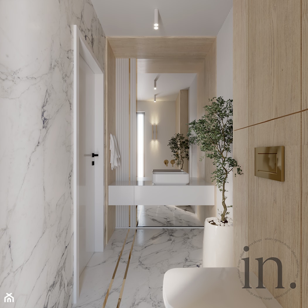 Mała toaleta biel, drewno, marmur - zdjęcie od INFINITY Architektura Wnętrz - Homebook