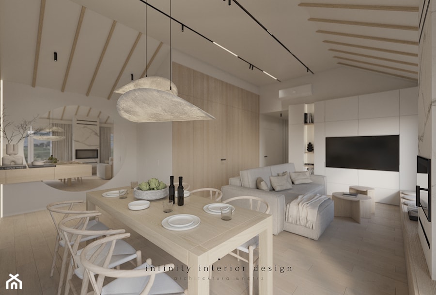 Otwarty salon z kuchnią i jadalnią | jasny, nowoczesny, naturalny - Salon, styl nowoczesny - zdjęcie od Infinity Interior Design