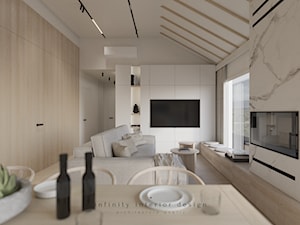 Otwarty salon z kuchnią i jadalnią | jasny, nowoczesny, naturalny - Salon, styl nowoczesny - zdjęcie od INFINITY Architektura Wnętrz