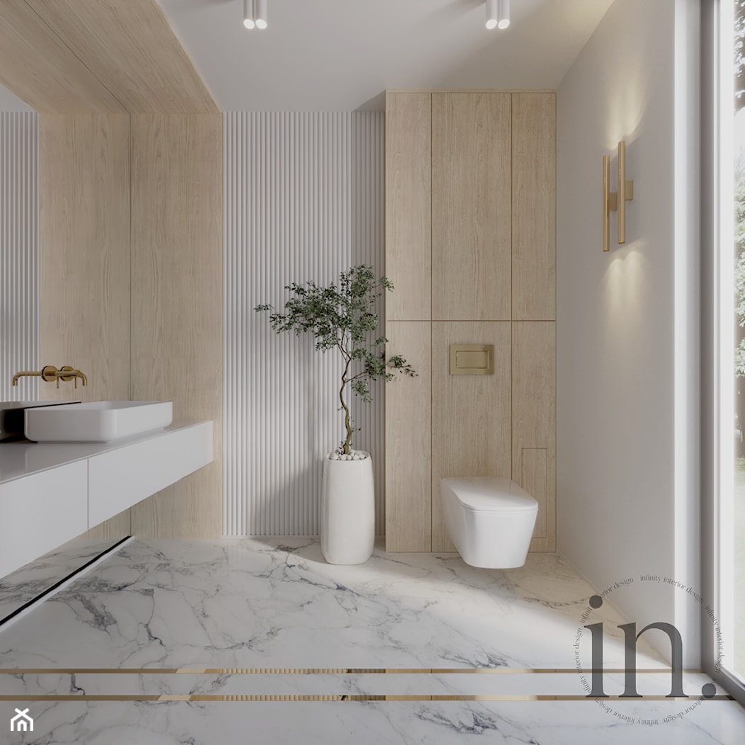 Mała toaleta biel, drewno, marmur - zdjęcie od INFINITY Architektura Wnętrz - Homebook