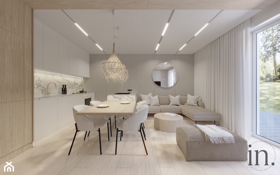 Jasny salon z kuchnią i jadalnią - zdjęcie od Infinity Interior Design