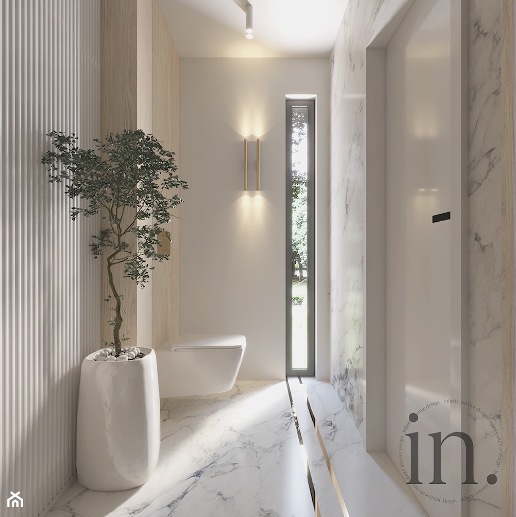 Mała toaleta biel, drewno, marmur - zdjęcie od Infinity Interior Design - Homebook