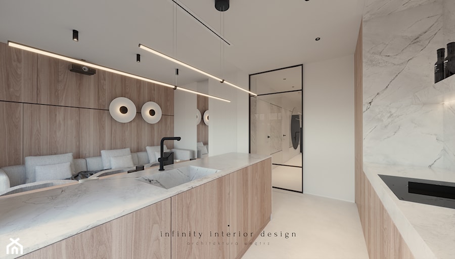 Salon z kuchnią z wyspą, nowoczesny, minimalistyczny - zdjęcie od Infinity Interior Design