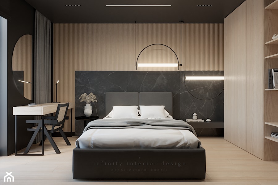 Ciemna sypialnia z szafą i toaletką - zdjęcie od Infinity Interior Design
