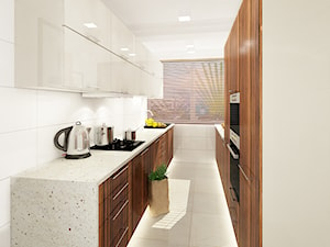 Kuchnie, wybrane projekty - Średnia zamknięta z kamiennym blatem biała z zabudowaną lodówką z nablatowym zlewozmywakiem kuchnia dwurzędowa z oknem, styl nowoczesny - zdjęcie od PURPLE PRACOWNIA