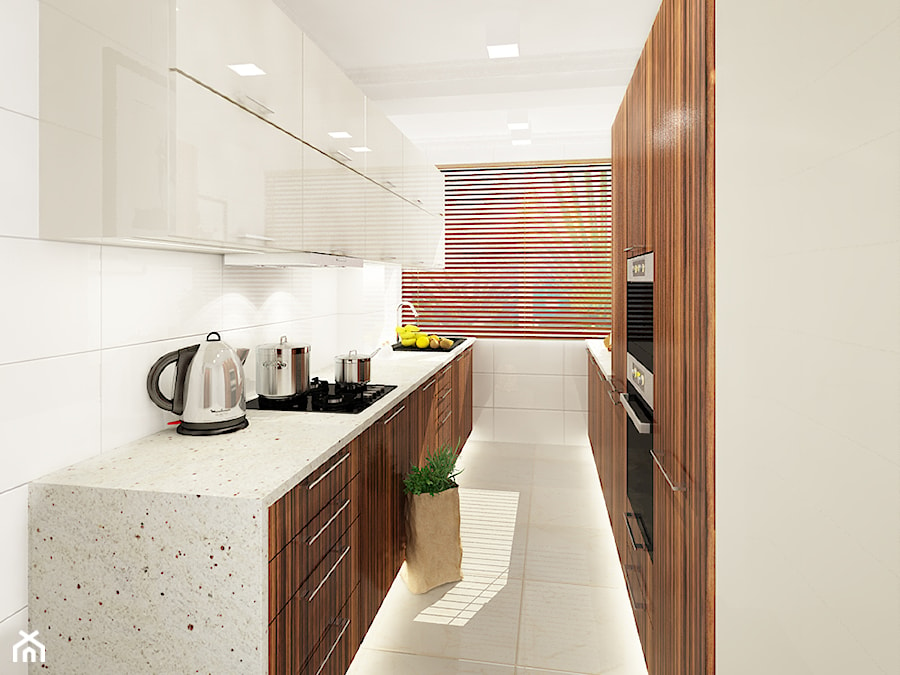 Kuchnie, wybrane projekty - Średnia zamknięta z kamiennym blatem biała z zabudowaną lodówką z nablatowym zlewozmywakiem kuchnia dwurzędowa z oknem, styl nowoczesny - zdjęcie od PURPLE PRACOWNIA