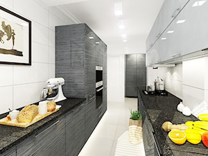 Kuchnie, wybrane projekty - Duża otwarta z kamiennym blatem biała z zabudowaną lodówką kuchnia dwurzędowa, styl nowoczesny - zdjęcie od PURPLE PRACOWNIA
