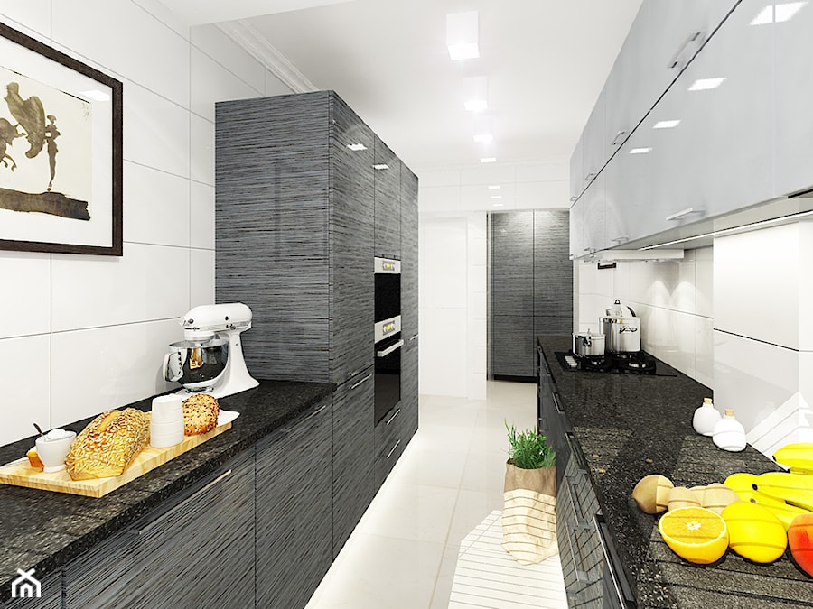 Kuchnie, wybrane projekty - Duża otwarta z kamiennym blatem biała z zabudowaną lodówką kuchnia dwurzędowa, styl nowoczesny - zdjęcie od PURPLE PRACOWNIA