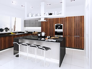 Kuchnie, wybrane projekty - Średnia otwarta biała z zabudowaną lodówką z nablatowym zlewozmywakiem kuchnia w kształcie litery l z wyspą lub półwyspem z oknem, styl nowoczesny - zdjęcie od PURPLE PRACOWNIA