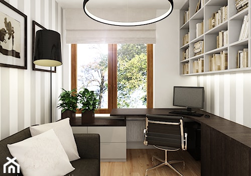 Mieszkanie Wilanów 110 m2 - Małe z sofą z zabudowanym biurkiem białe szare biuro, styl nowoczesny - zdjęcie od PURPLE PRACOWNIA