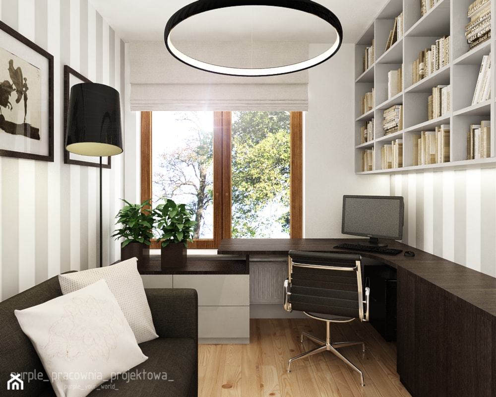 Mieszkanie Wilanów 110 m2 - Małe z sofą z zabudowanym biurkiem białe szare biuro, styl nowoczesny - zdjęcie od PURPLE PRACOWNIA - Homebook
