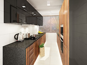 Kuchnie, wybrane projekty - Duża zamknięta z kamiennym blatem biała z zabudowaną lodówką z lodówką wolnostojącą z nablatowym zlewozmywakiem kuchnia dwurzędowa z oknem, styl nowoczesny - zdjęcie od PURPLE PRACOWNIA