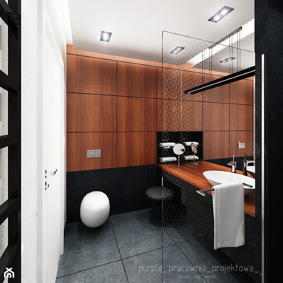 Mieszkanie Wilanów 110 m2 - Mała na poddaszu bez okna z lustrem z punktowym oświetleniem łazienka, styl nowoczesny - zdjęcie od PURPLE PRACOWNIA