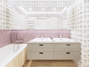 Mieszkanie Wilanów 110 m2 - Średnia bez okna z dwoma umywalkami z punktowym oświetleniem łazienka, styl nowoczesny - zdjęcie od PURPLE PRACOWNIA