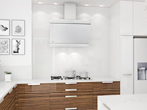 Kuchnie, wybrane projekty - Średnia zamknięta z kamiennym blatem biała z zabudowaną lodówką kuchnia w kształcie litery l z wyspą lub półwyspem z oknem, styl nowoczesny - zdjęcie od PURPLE PRACOWNIA