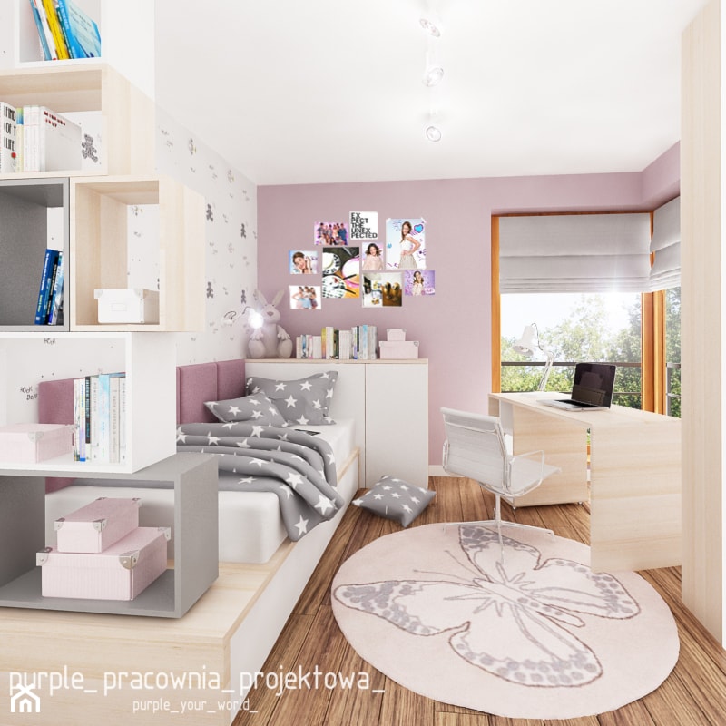 Dom jednorodzinny w Siedlcach - Średni biały różowy pokój dziecka dla nastolatka dla dziewczynki, styl nowoczesny - zdjęcie od PURPLE PRACOWNIA