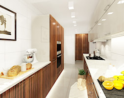 Kuchnie, wybrane projekty - Średnia zamknięta z kamiennym blatem biała z zabudowaną lodówką z lodówk ... - zdjęcie od PURPLE PRACOWNIA - Homebook