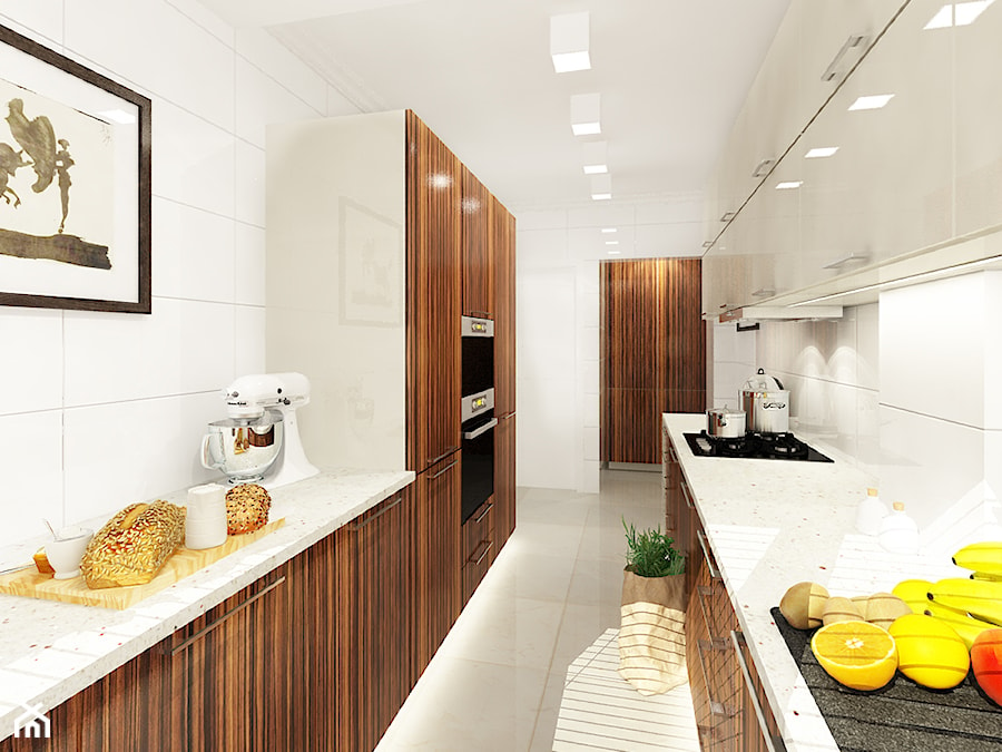 Kuchnie, wybrane projekty - Średnia zamknięta z kamiennym blatem biała z zabudowaną lodówką z lodówką wolnostojącą kuchnia dwurzędowa, styl nowoczesny - zdjęcie od PURPLE PRACOWNIA