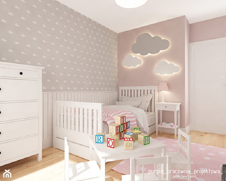 Mieszkanie Wilanów 110 m2 - Średni różowy szary pokój dziecka dla dziecka dla dziewczynki, styl skandynawski - zdjęcie od PURPLE PRACOWNIA