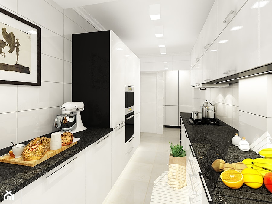Kuchnie, wybrane projekty - Średnia otwarta z kamiennym blatem biała z zabudowaną lodówką z lodówką wolnostojącą kuchnia dwurzędowa, styl nowoczesny - zdjęcie od PURPLE PRACOWNIA
